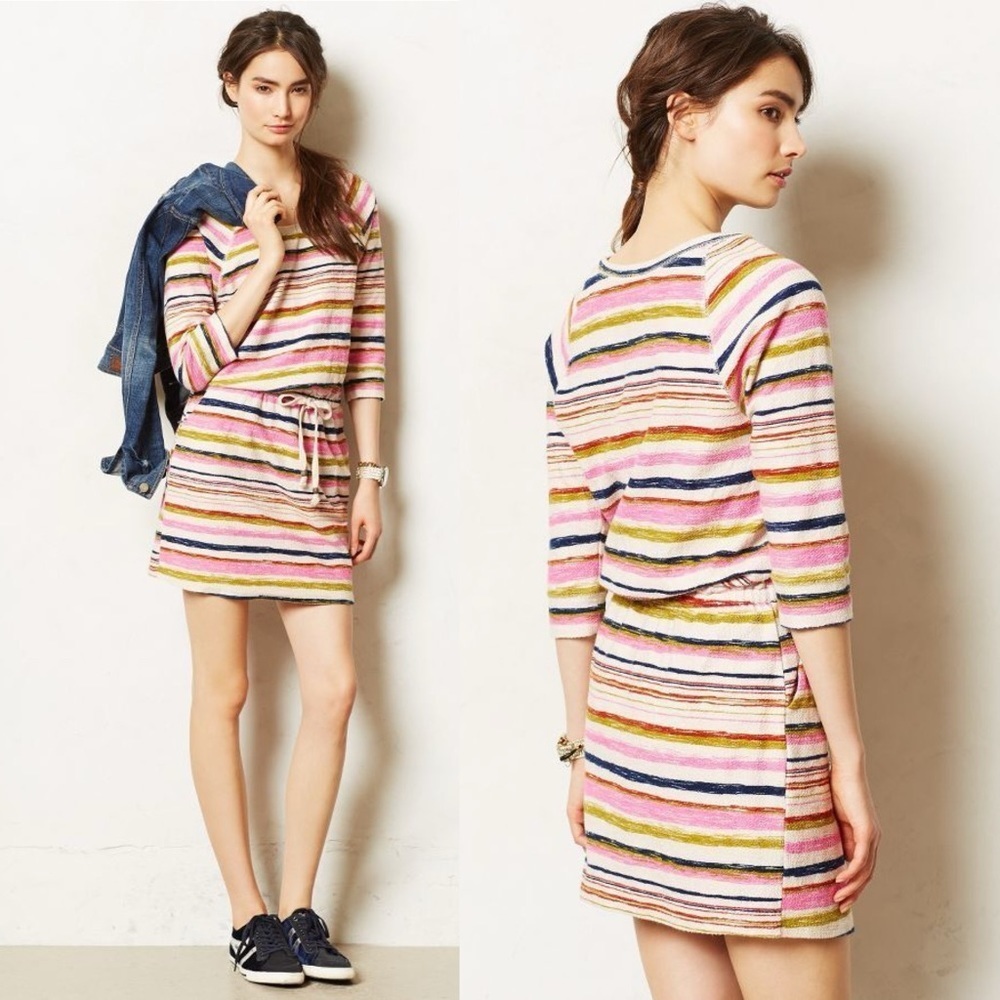 Anthropologie Terry Cloth Tie Front Striped Boho Dress Pockets Size Large Petite